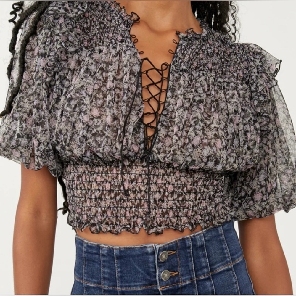 Free People Beatrice Mesh Blouse Top Floral Printed Ruffle
Smocked Sz L